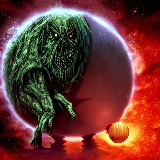 Prompt: Horror creature holding planet, detailed 4k