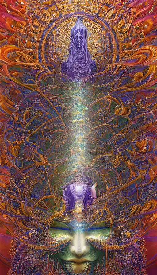 Prompt: Chromatic crystal themed painting of ancient forest psytrance monk fantasy human beautiful symmetrical face concept, infinity glyph, intricate artwork by Johnatan Wayshak, Zdizslaw Beksinski, Ayami Kojima, Amano, Karol Bak, Greg Hildebrandt, and Mark Brooks, Neo-Gothic, gothic, rich deep colors, art by Takato Yamamoto, masterpiece, face by Artgerm, H.R. Giger, very coherent artwork, cinematic, hyper realism, high detail, octane render, unreal engine, 8k, High contrast, golden ratio, trending on cgsociety, ultra high quality model, production quality cinema model
