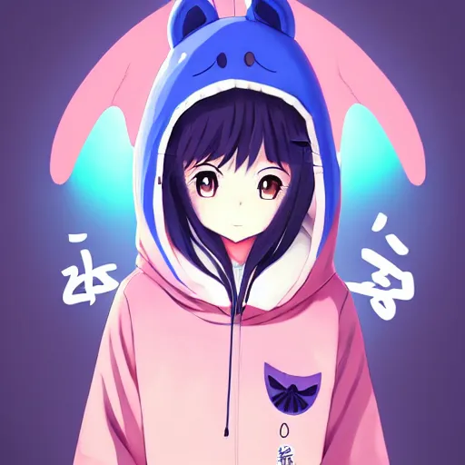 Image similar to advanced anime character art render, beautiful anime girl wearing a whale hoodie outfit , Rossdraws, WLOP , Sakimimichan