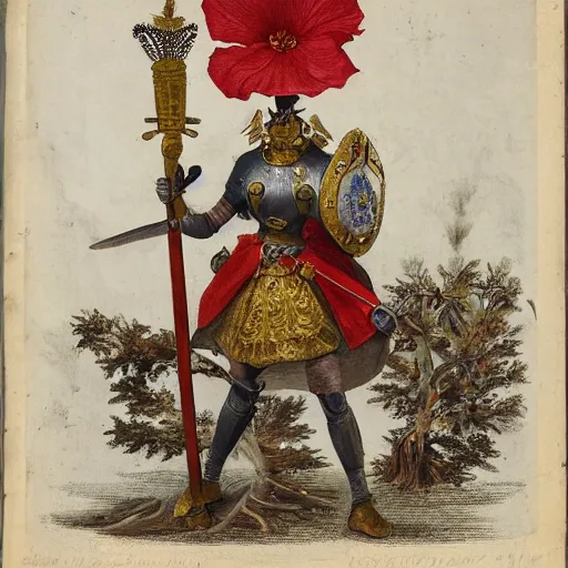 Prompt: an anthropomorphic poppy flower wears an iron breastplate with a gilded crown crest on it, holding a sword and shield as if she's ready for battle, standing next to a large tree stump that seems to be made out of white marble or stone