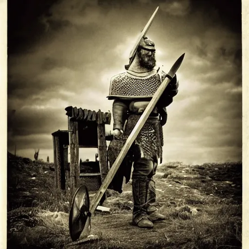 Image similar to wise angle photo of viking in armor working on the mechanical ancient device, tools and junk on the ground,wires and lights, old village in the distance, vintage old photo, black and white, sepia