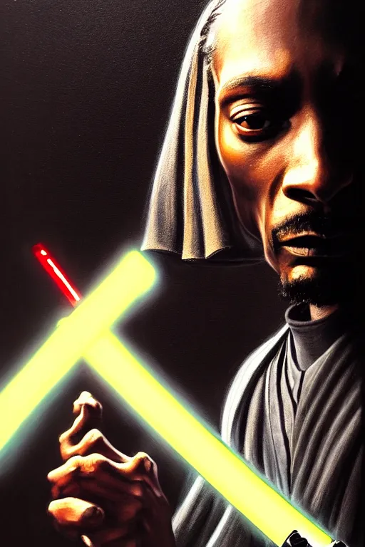 Image similar to breathtaking detailed concept art painting of a jedi snoop dogg holding a lightsaber, by hsiao - ron cheng, exquisite detail, extremely moody lighting, 8 k