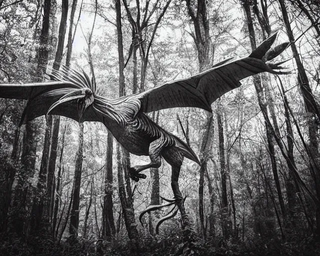 Image similar to hyper realistic vintage photograph of a real feathered velociraptor in a forest, ultra detailed, grain, old, monochrome, sepia toned, realistic lighting, wide angle, prehistoric planet