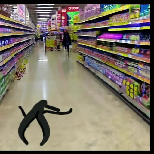 Image similar to cctv footage of large snake in walmart, high angle security camera feed, blurry and glitchy,