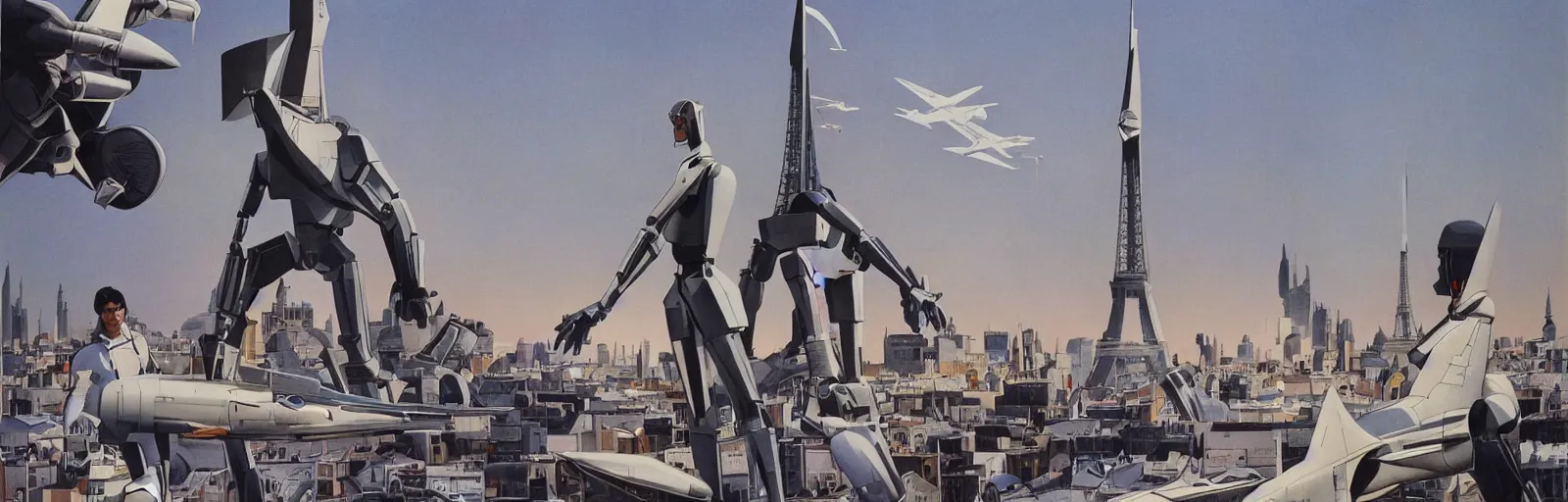 Image similar to ralph mcquarrie art from the 1969 movie MECHA-CONCORDE vs ROBO-EIFFEL the giant humanoid Eiffel Tower battles the swan-like superplane above the streets of paris-futur - starring ALAIN DELON and Simon Cowell- art direction by moebius hq production still technicolor