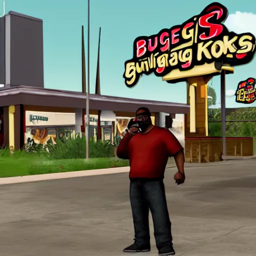Prompt: Big Smoke from GTA san andreas at a burger king