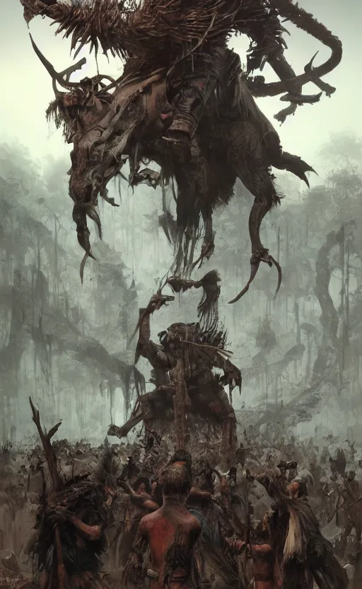 Prompt: tribal ritual in a village close to black swamp, front game card, drark, marvel comics, dark, intricate, highly detailed, smooth, artstation, digital illustration by ruan jia and mandy jurgens and artgerm and wayne barlowe and greg rutkowski and zdislav beksinski