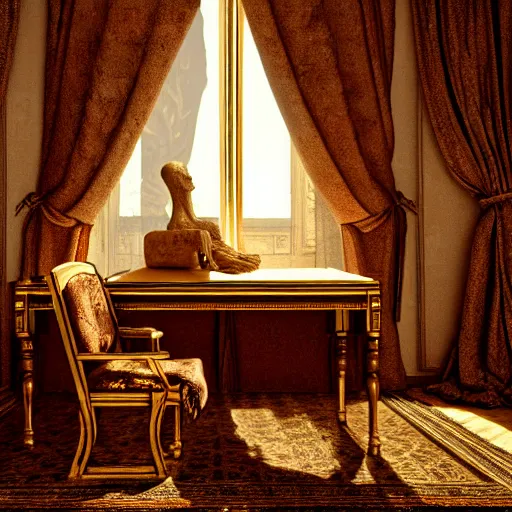 Image similar to An extremely detailed render of a mummy, sitting at his Louis XIV desk, with very old curtains in the room. The desk has a 1880 phone on it. Dusty air, god rays, raytracing shadows, ambient occlusion, 8K, RTX 3090, trending on artstation, lumens