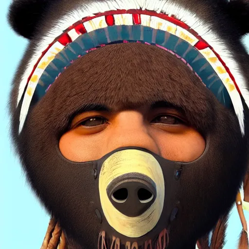 Prompt: painting portrait of a native american wearing a face mask that looks like a bear, artstation, ultra detailed