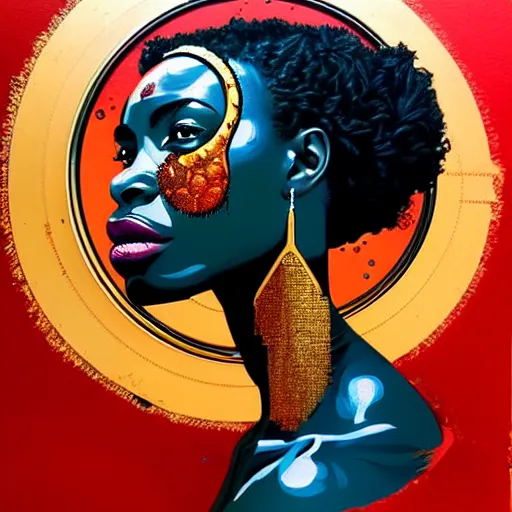 Image similar to portrait of african woman :: side profile :: in ocean :: clockwork details :: gold :: blood and horror :: by marvel and Sandra Chevrier