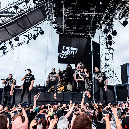 Prompt: lorna shore taking the stage at the hugest festival in the world, giant death wall, award winning photo