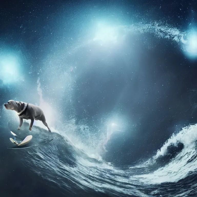 Image similar to photo of a skinny dark gray coat pit bull with a white paws and a white nose!, surfing on a surfboard in a crashing wave of alien galaxy, trending on art station, ocean in space, background is an alien galaxy, aliens in the background, alien colors, octane render, unreal engine, wide view, 8 k, highly detailed