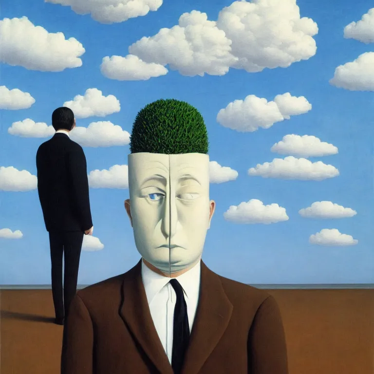 Image similar to portrait of a faceless shadow - head man in a suit, clouds in the background, by rene magritte, detailed painting, distance, middle centered, hd, hq, high resolution, high detail, 4 k, 8 k