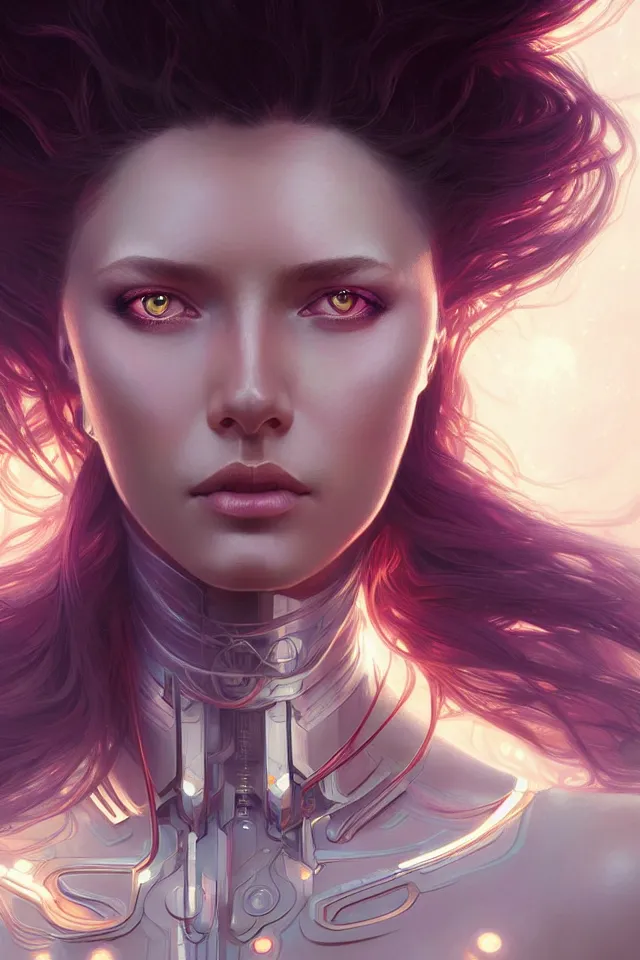 Image similar to futuristic woman portrait, sci-fi, amber eyes, face, long hair, fantasy, intricate, elegant, highly detailed, digital painting, artstation, concept art, smooth, sharp focus, illustration, art by artgerm and greg rutkowski and alphonse mucha