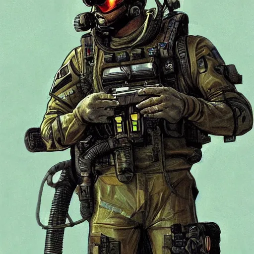 Prompt: Hector. USN special forces futuristic recon operator, cyberpunk headset, on patrol in the Australian neutral zone, deserted city landscape, skyline lit by flares. 2087. Concept art by James Gurney and Alphonso Mucha