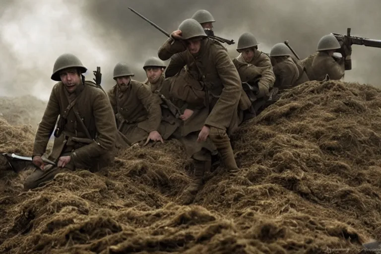 Image similar to jay baruchel as world war 1 soldier in the trenches, bullets whizzing past, cinematic lighting, high contrast, 4 k hdr imax cinematography by roger deakins, award winning shot, beautiful composition, principal photography, vfx action shot