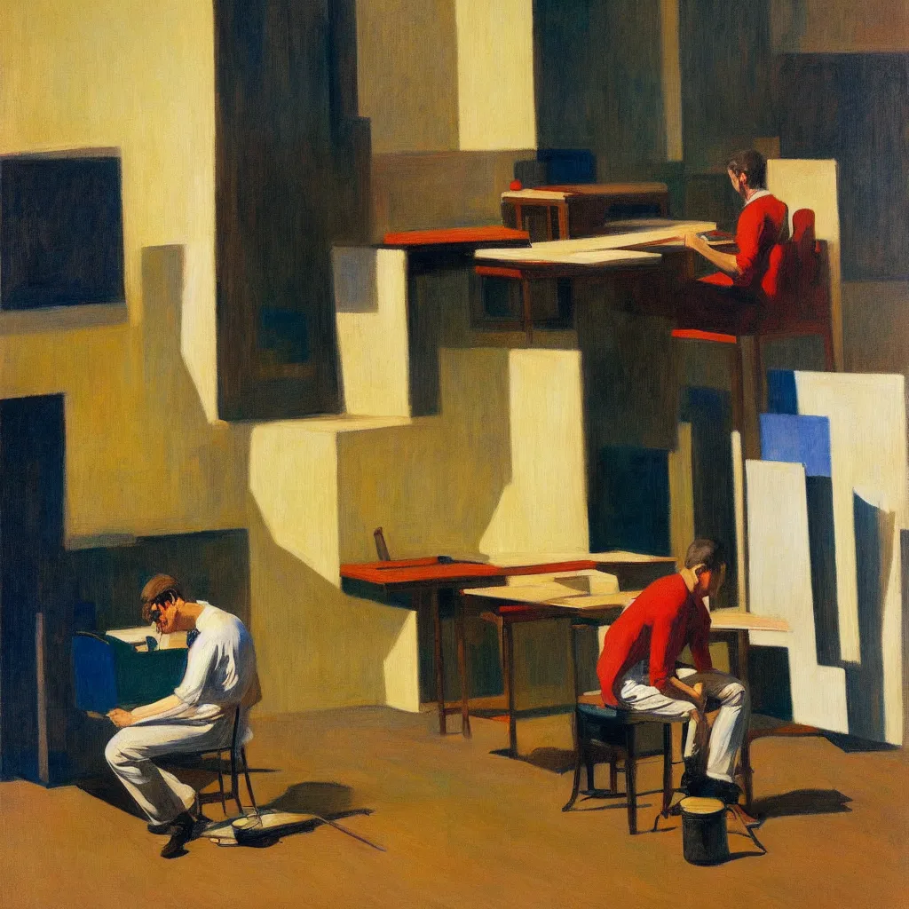 Image similar to painting of a artist, creating in his studio alone, in a huge studio, in the style of edward hopper