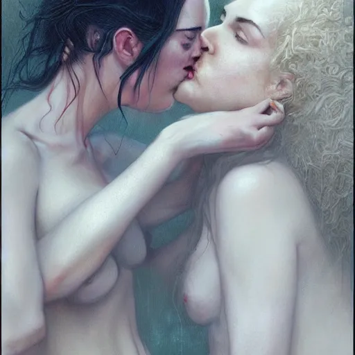 Image similar to megan fox and nicole kidman kissing each other, sharp focus, illustration, art by aenaluck and roberto ferri and greg rutkowski, epic fantasy, digital painting