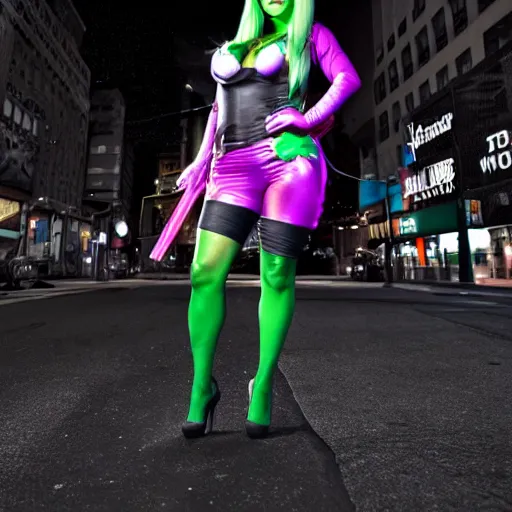 Image similar to Jessica Nigri as She Hulk on the street in New York City at night, Lights are on down the street, light fog in the backround, cinematic, realistic, detailed, portrait, green skin