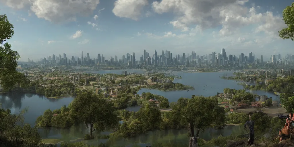 Prompt: a city overlooking a lake in the distance, realistic, landscape, lush, hyperdetailed