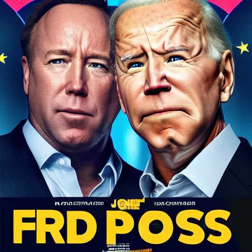 Prompt: movie poster with Alex Jones and Joe Biden hiding from a giant frog carrying a pride flag