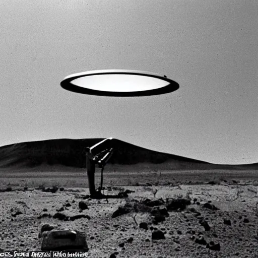 Image similar to president eisenhower aboarding a ufo in the desert as high ranked government officials are watching, black and white old photo