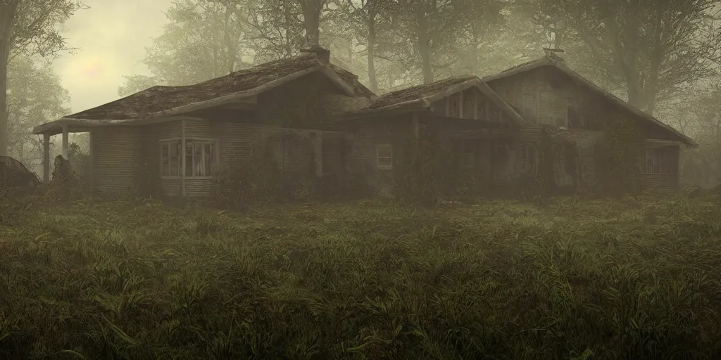 Prompt: photorealistic, ruined english bungalow at night, overgrown vegetation, in the forest, apocalypse, very dark, fog, skinny evil creatures, hell scape, horrifying, hyperrealistic, grimdark, artstation