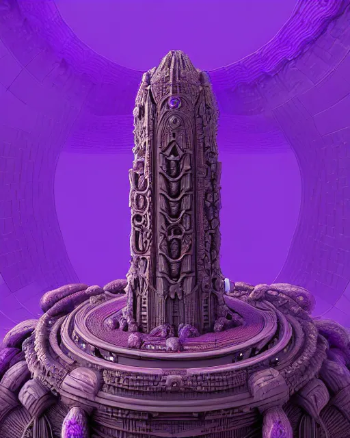 Prompt: detailed render giant alien greeble tower art nouveau rococo architecture carved out of complex mandelbulb with royal purple quartz rendered in cinema 4 d octane
