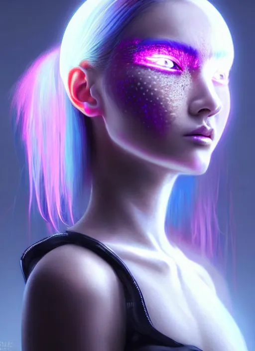 Prompt: photorealistic portrait of oriental female humanoid with freckle cheeks, dyed hair, cyber neon lightings, highly detailed, cyberpunk high fashion, elegant, crispy quality, trending in artstation, trending in pinterest, glamor pose, no signature, no watermark, cinematic, octane render, art by artgerm, art by greg rutkowski, art by pascal blanche