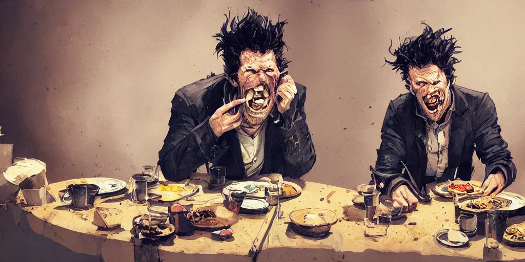 Image similar to cartoonish tom waits eating dinner, vivid colors, character sheet, fine details, concept design, contrast, kim jung gi, greg rutkowski, trending on artstation, 8 k, full body, turnaround, front view, back view, ultra wide angle