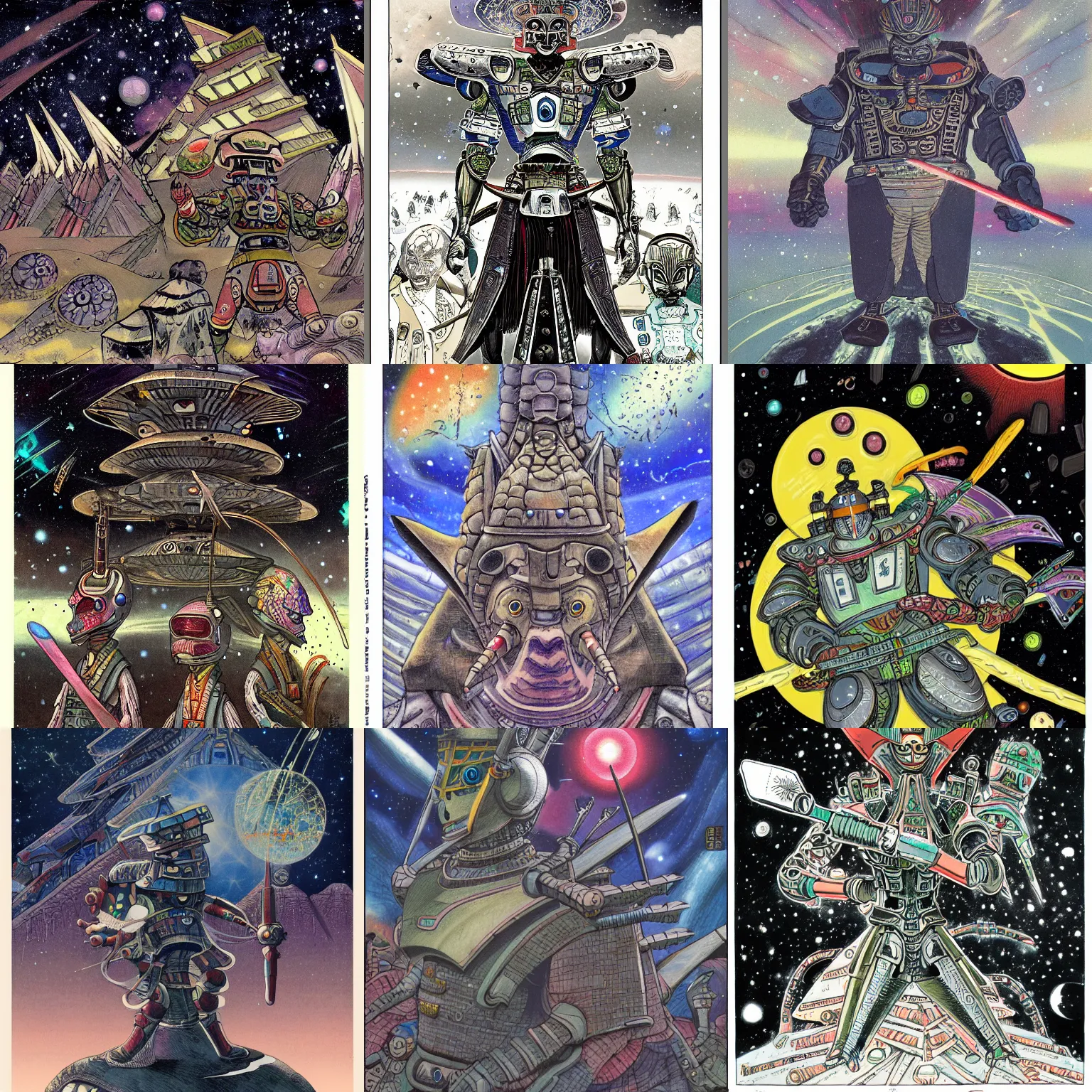 Prompt: a detailed fine art illustration of an extraterrestrial wearing futuristic samurai armor pyramids and galaxies background by ken sugimori and george grosz and dave gibbons, j. j. grandville in the style of dark fantasy, award - winning art, artstationhd