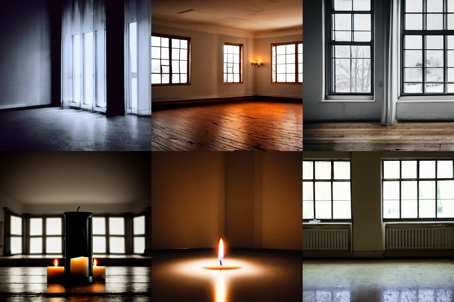 Prompt: a shadowy candle lit in the middle of the room with windows on either side.