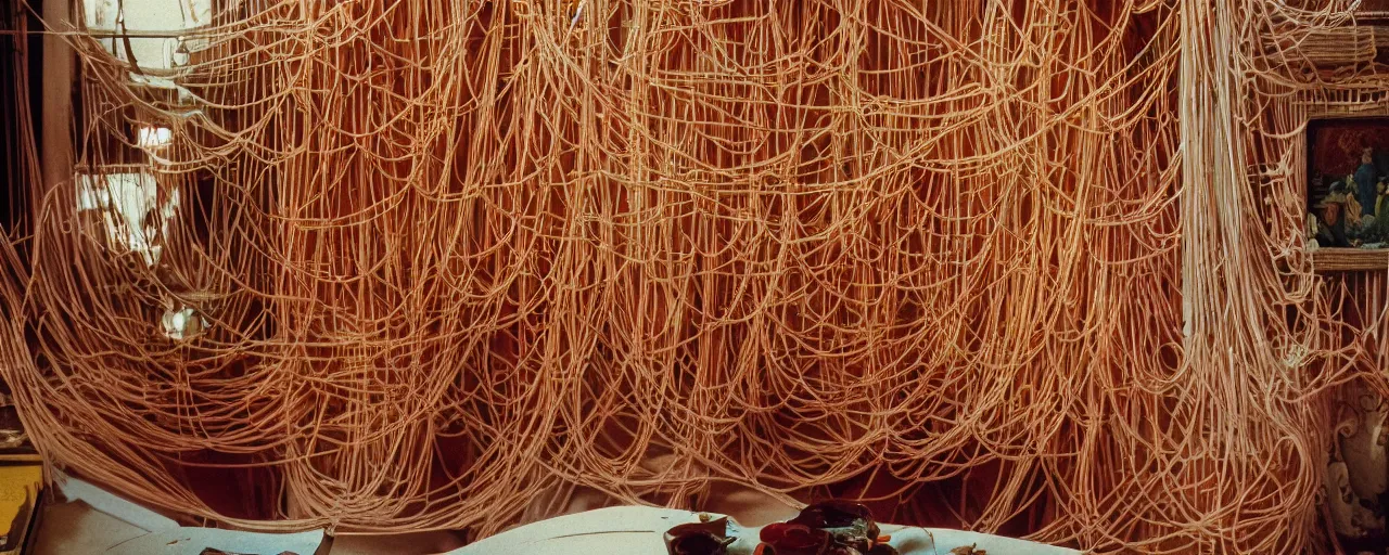 Image similar to spaghetti sculpture inside a buddhist temple, hyper - realistic, small details, intricate, canon 5 0 mm, wes anderson film, kodachrome