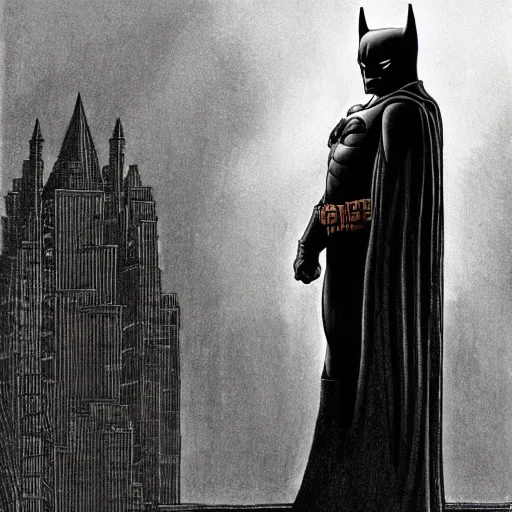 Prompt: Batman standing on a street, skyscrapers visible behind him, in the style of Zdzislaw Beksinski