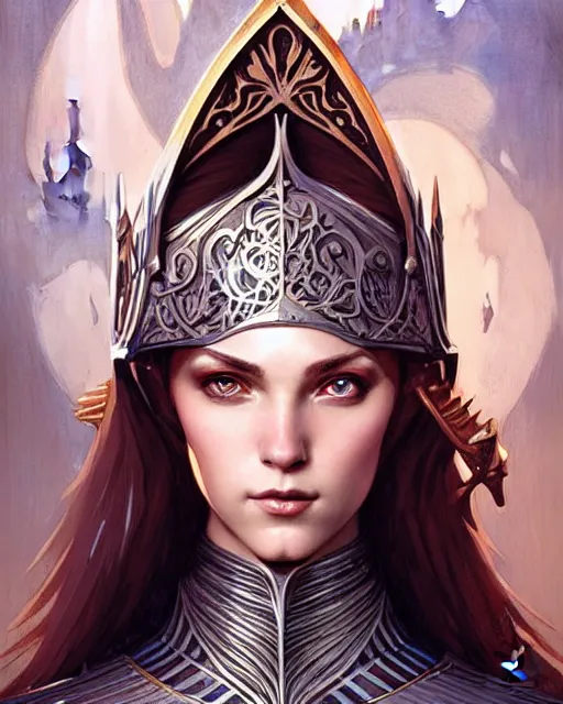 Image similar to Beautiful and playful medieval knight portrait, art nouveau, fantasy, intricate triangular designs, elegant, highly detailed, sharp focus, art by Artgerm and Greg Rutkowski and WLOP