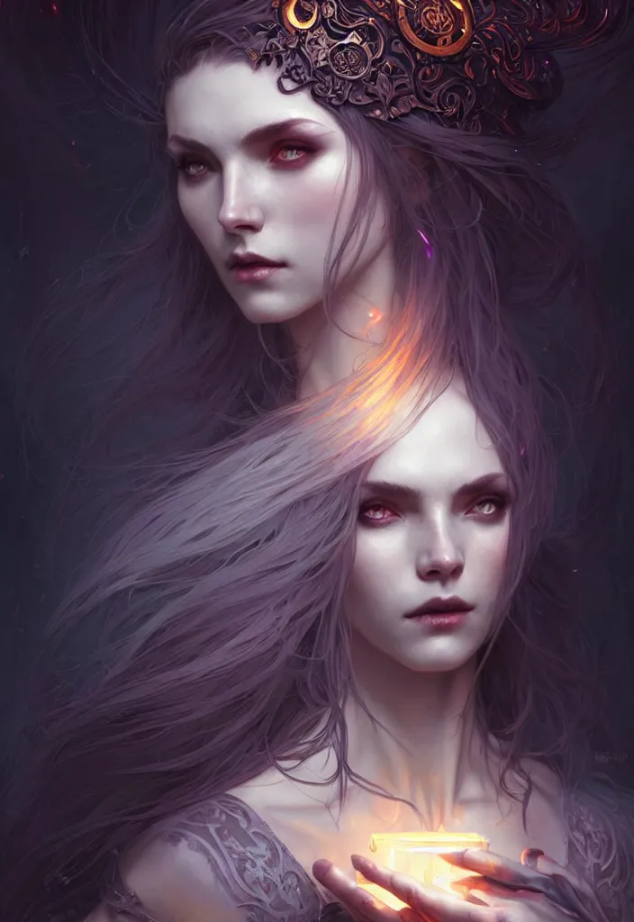 Image similar to Necromancer Sorceress, fantasy magic, undercut hairstyle, dark light night, intricate, elegant, sharp focus, illustration, highly detailed, digital painting, concept art, matte, art by WLOP and Artgerm and Greg Rutkowski and Alphonse Mucha, masterpiece