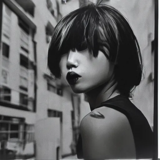 Prompt: photograph of a female model wearing camouflage by yohji yamaoto in the style of daido moriyama, camera obscura