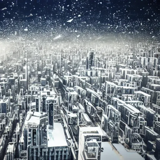 Prompt: apocalyptic city, buildings covered in shiny white liquid