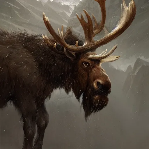 Image similar to hairy barbarian with head of moose by greg rutkowski