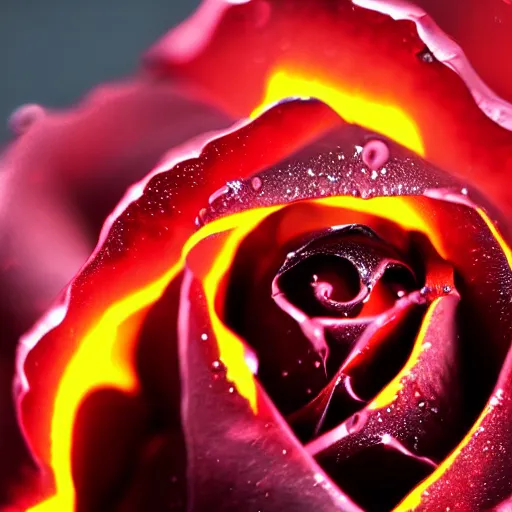 Image similar to award - winning macro of a beautiful black rose made of glowing molten magma