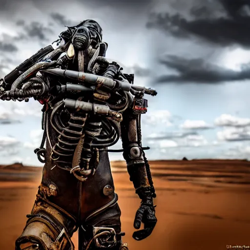 Image similar to ant humanoid mechanic, post-apocalyptic, mad max style, Total Recall style, symmetric, by David Lazar and Annie Leibovitz 500px photos, top cinematic lighting , cinematic mood, very detailed, shot in canon 50mm f/1.2