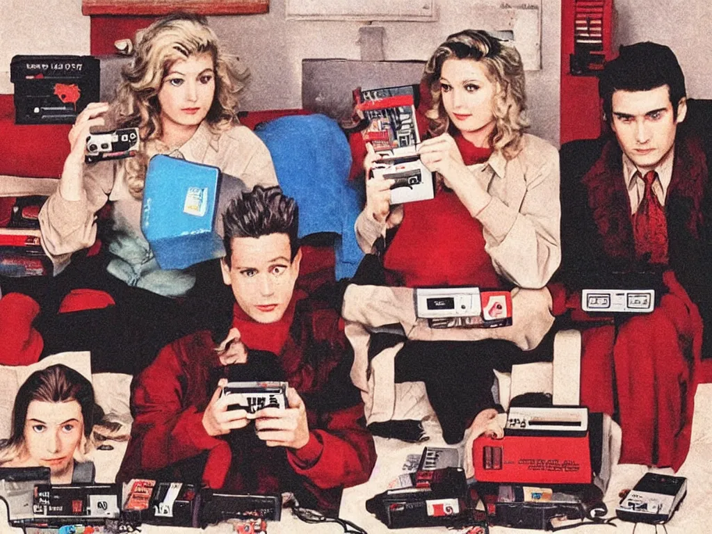 Prompt: twin peaks characters with a nes video game console