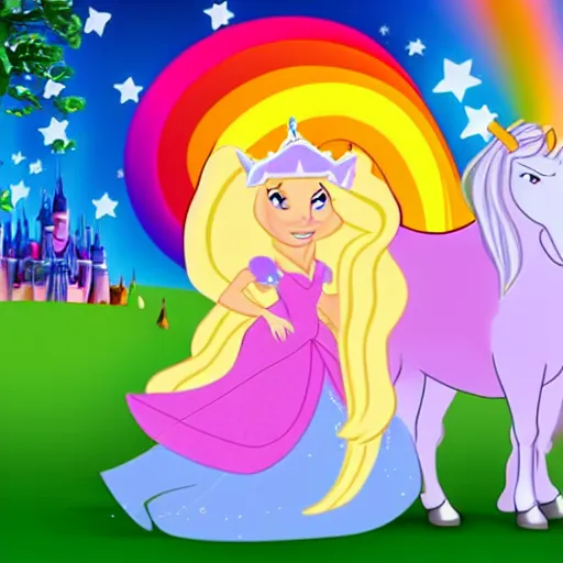 Prompt: a princess with extremely long blond hair from a cartoon riding a unicorn over a rainbow render as old Disney cartoons