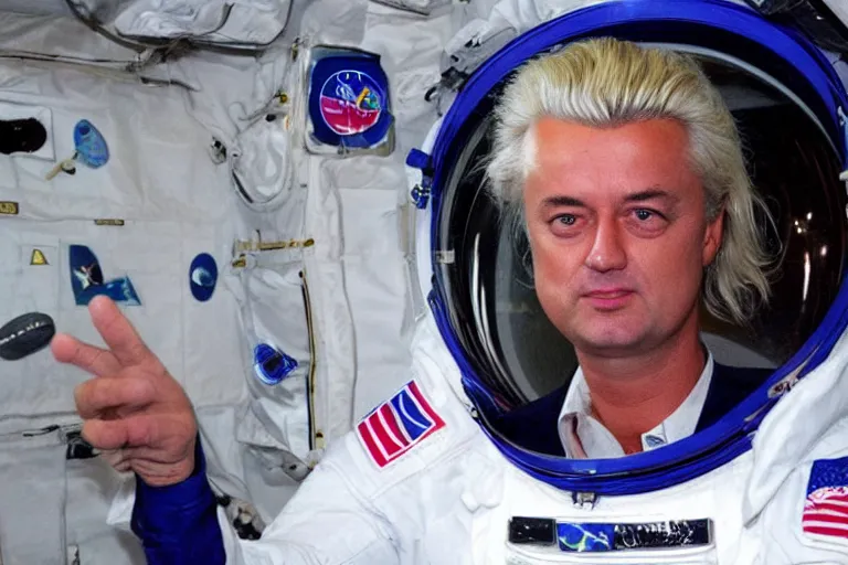 Prompt: geert wilders in space station wearing space suite