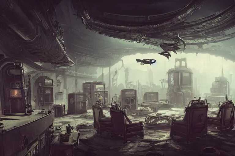 Image similar to interior of a steampunk videoclub, 3d scene, render, ultra realistic, zenith view, Greg Rutkowski, artstation, cgsociety, level design, unreal engine alien whale flying over a steampunk city, 3d scene, render, ultra realistic, zenith view, Enki Bilal style