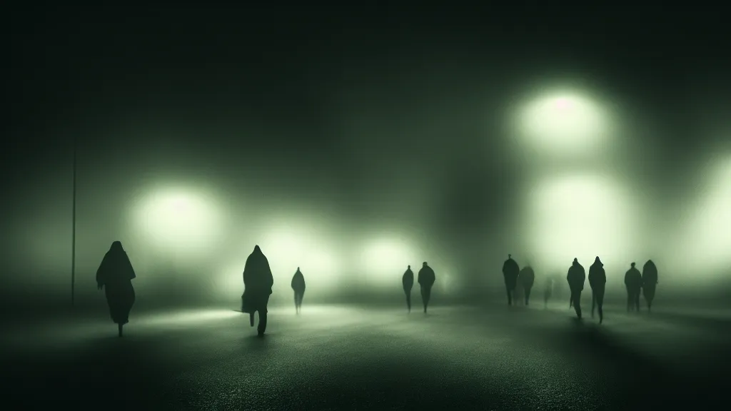 Prompt: the crowd flees the village, fog, volumetric lighting, mystique, atmospheric, sharp focus, ultra detailed, noir art house, 4 k, cinematic, 3 5 mm