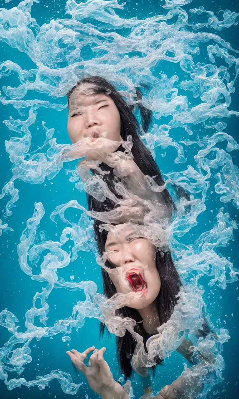 Image similar to head fish Chinese woman body surrealistic mermaid, half fish half Chinese woman , fish head, diving in the air rounded by jelly clouds made by national geographic underwater photographer 4k, 8k,