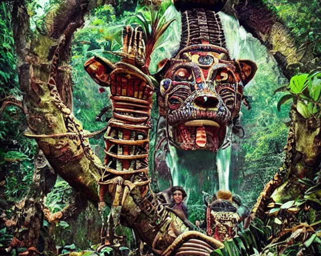 Image similar to mayan jaguar warrior exploring an alien garden las pozas, 1 9 7 0's sci - fi, lofi technology, deep aesthetic colors, 8 k, highly ornate intricate details, extreme detail, cut out collage, william s burroughs