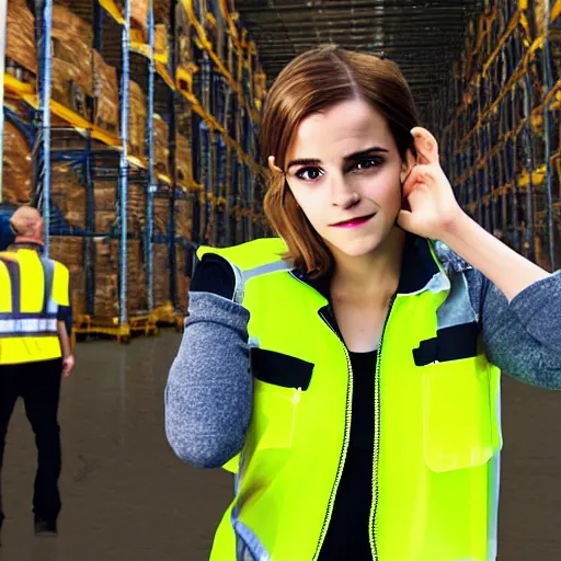 Image similar to photo, close up, emma watson in a hi vis vest, in warehouse, concerned expression, android cameraphone, snapchat story screenshot, 2 6 mm,