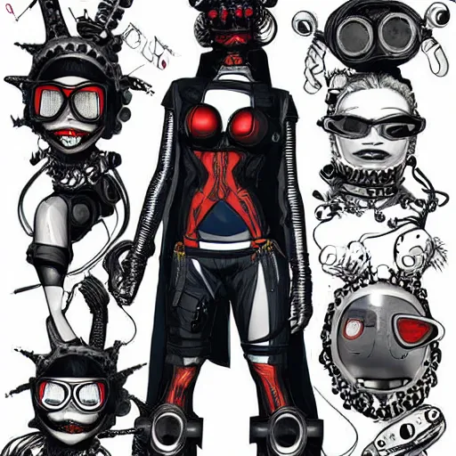 Image similar to a cybergoth woman wearing goggles and eccentric jewelry by jamie hewlett :: full body character concept art, detailed